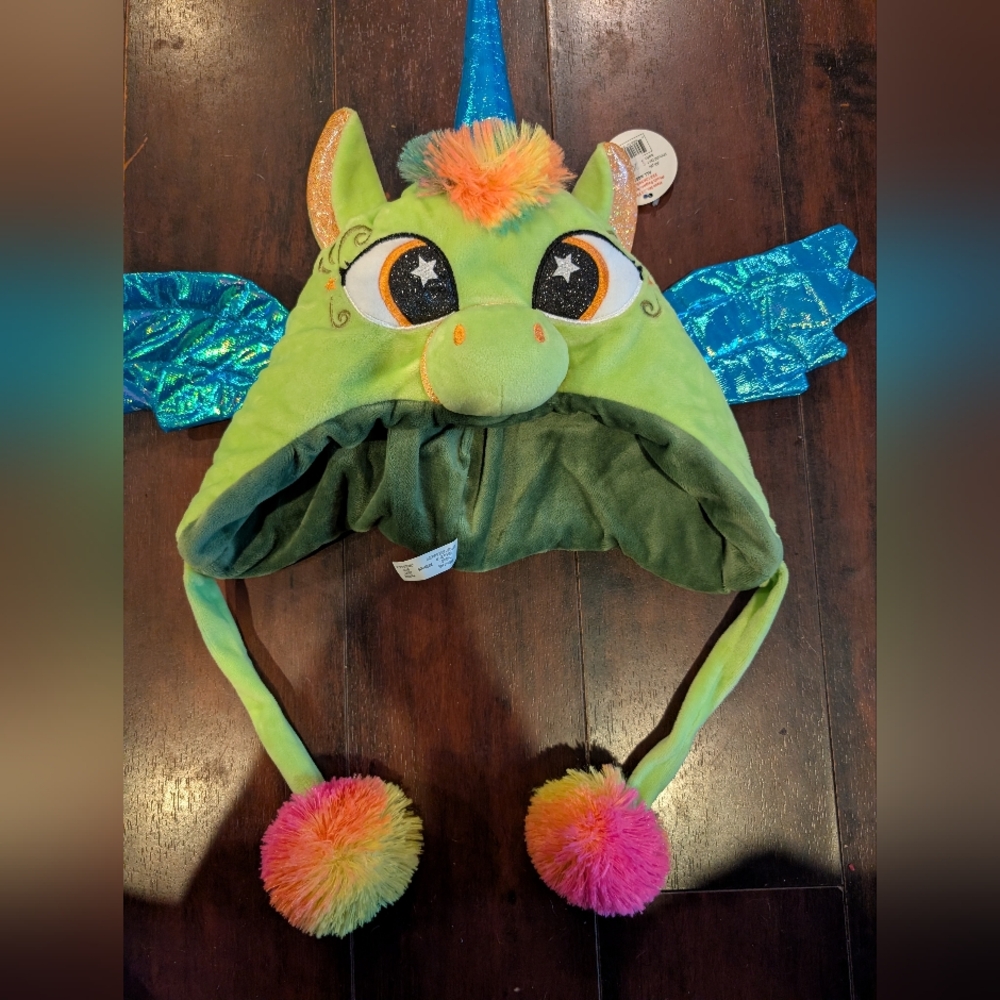 Unicorn Plush Hat Shiny Wings & Horn Embroidered Eyes NWT.